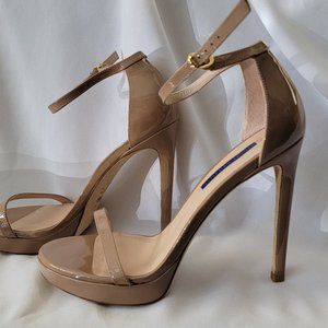 Stuart Weitzman Nudist Disco Size 8.5 Tan patent sandals